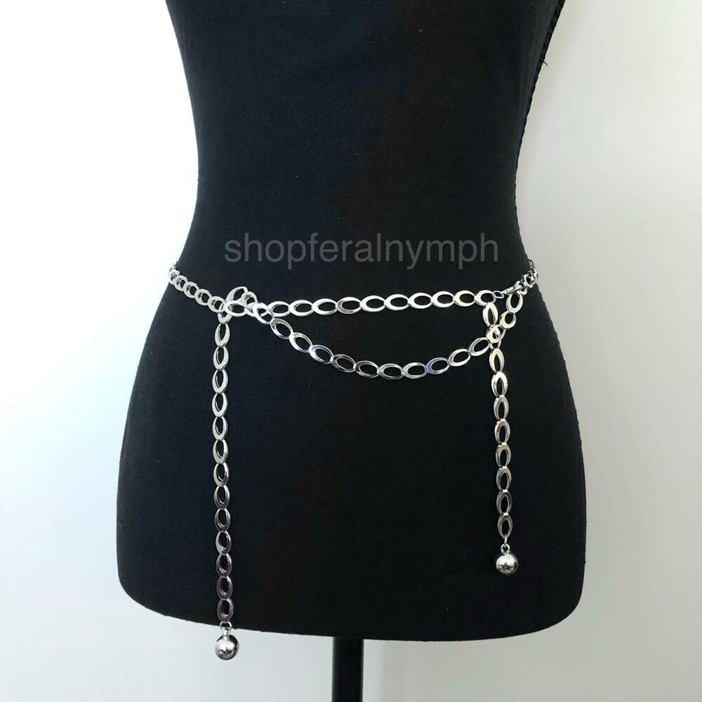 Y2K Liquid Chrome Silver Oval Link Chain Belt, Fits Up to 34 Inches, X7GA1427